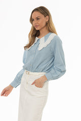 Light Blue Eyelet Collar Denim Blouse