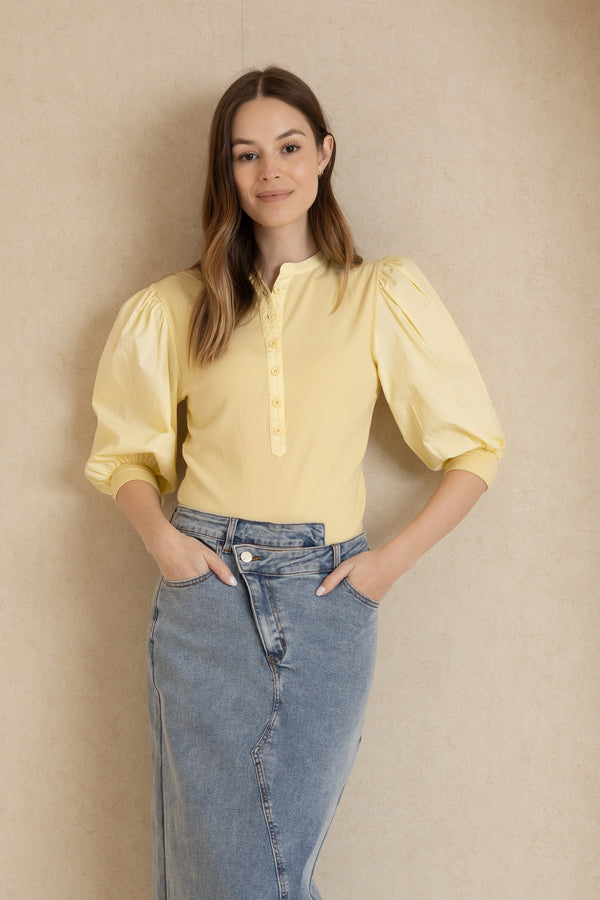 Yellow Ribbed Puff Sleeve Top