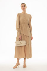 Tan Button Ruffle Maxi Dress