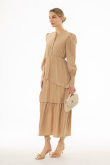 Tan Button Ruffle Maxi Dress