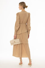 Tan Button Ruffle Maxi Dress