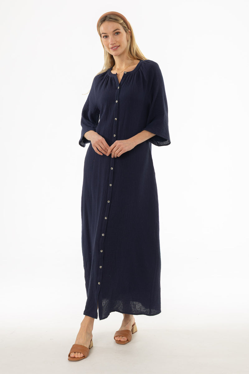 navy blue gauze dress Navy Gauze Flare Sleeve Maxi Dress – BLANK