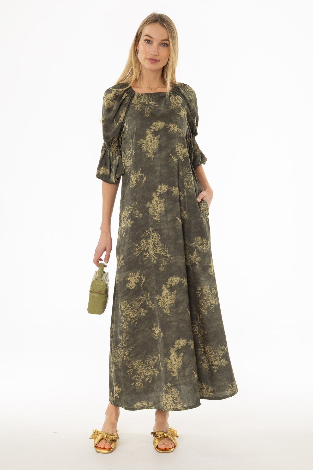Olive Bubble Sleeve Maxi Dress  BLANK