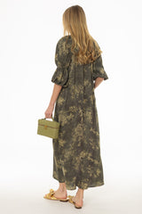 Olive Bubble Sleeve Maxi Dress
