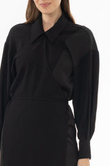 Black Mixed Fabric Wrap Maxi Dress