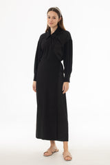 Black Mixed Fabric Wrap Maxi Dress