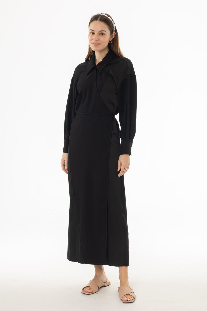 Black Mixed Fabric Wrap Maxi Dress BLANK Black Mixed Fabric Wrap Maxi Dress BLANK