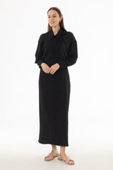 Black Mixed Fabric Wrap Maxi Dress