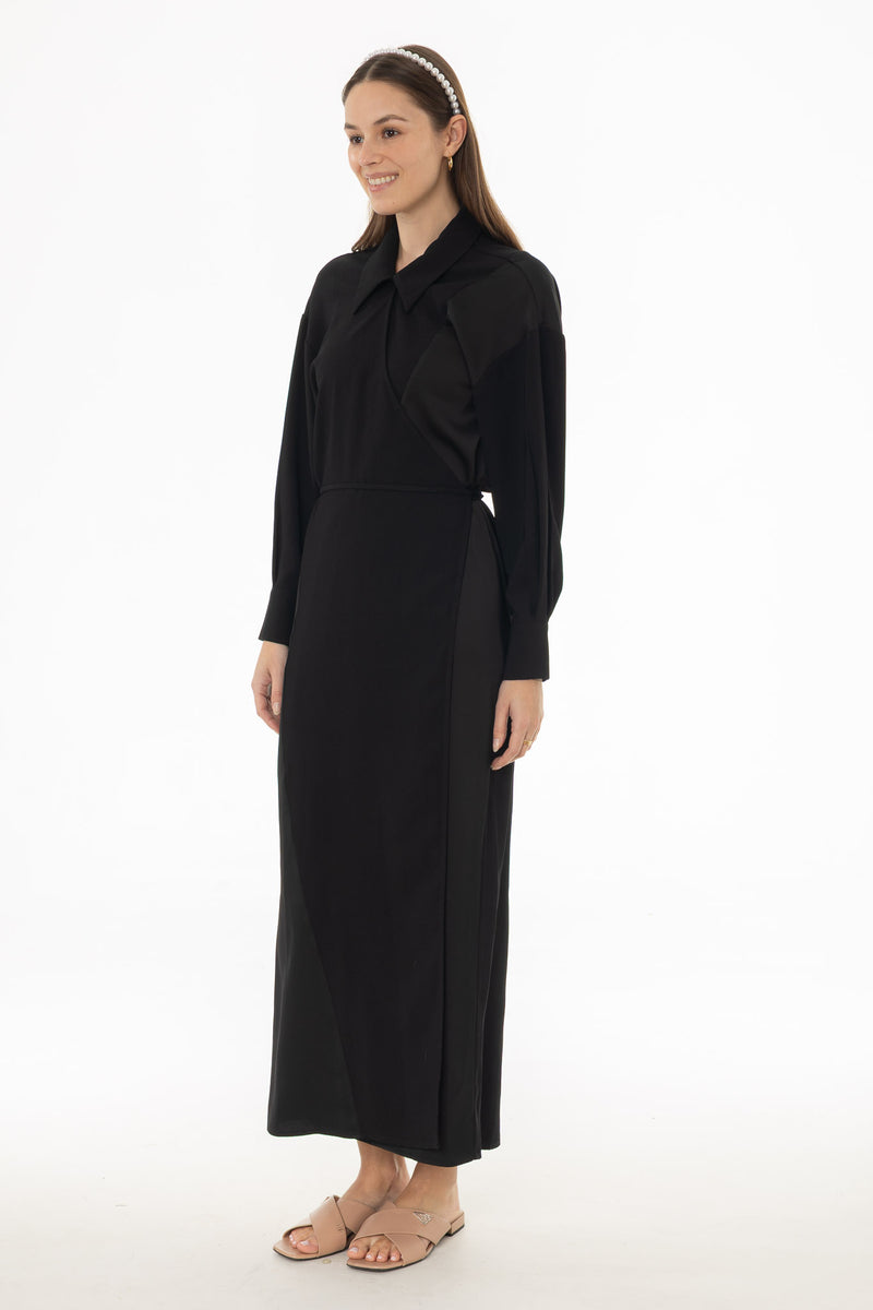 long sleeve black wrap maxi dress Black Mixed Fabric Wrap Maxi Dress – BLANK