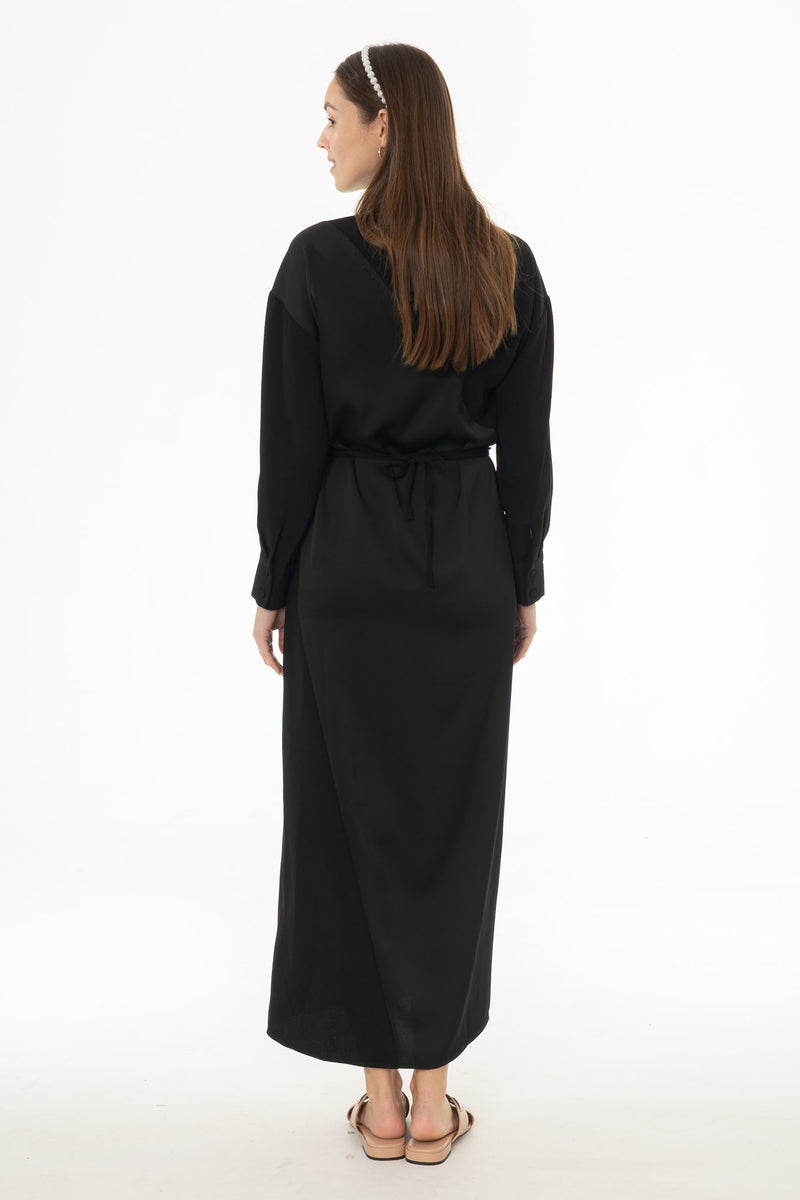 Black Mixed Fabric Wrap Maxi Dress  BLANK