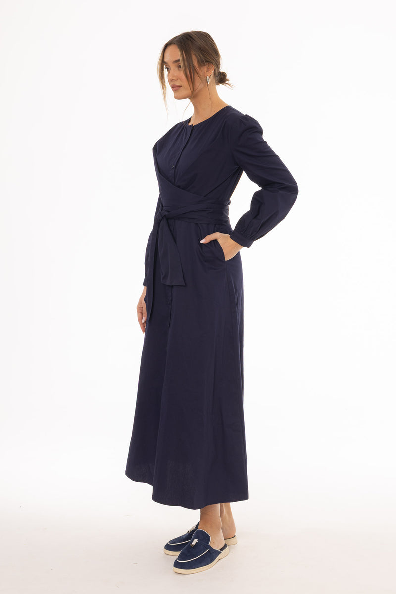 Navy Drape Cotton Maxi Dress – BLANK