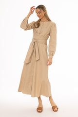 Tan Drape Cotton Maxi Dress
