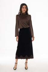 Brown Lace Trim Velvet Maxi Skirt