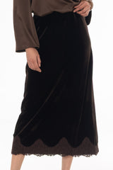 Brown Lace Trim Velvet Maxi Skirt