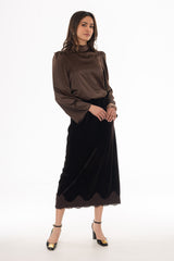 Brown Lace Trim Velvet Maxi Skirt