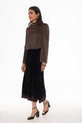 Brown Lace Trim Velvet Maxi Skirt