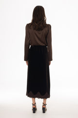 Brown Lace Trim Velvet Maxi Skirt