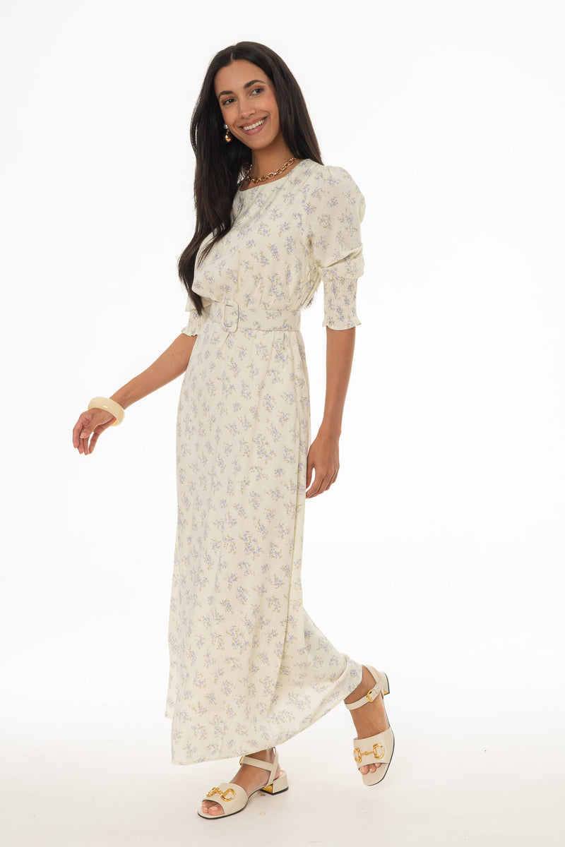 fitted lace wedding dress Tan Tropical Print Belted Maxi Dress - All Dresses main image 1