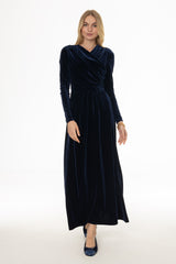 Blue Draped Velour Maxi Dress