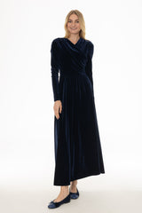 Blue Draped Velour Maxi Dress