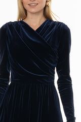 Blue Draped Velour Maxi Dress