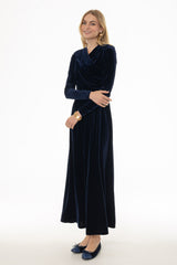Blue Draped Velour Maxi Dress