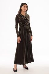 Olive Draped Velour Maxi Dress