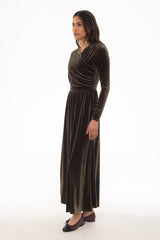 Olive Draped Velour Maxi Dress