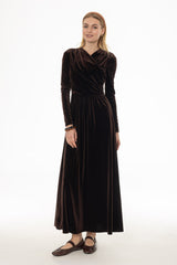 Brown Draped Velour Maxi Dress