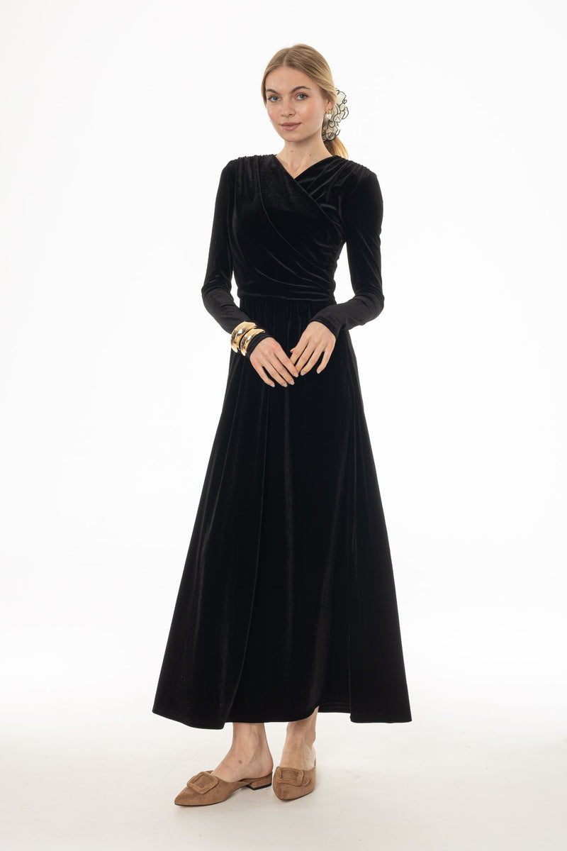Black Draped Velour Maxi Dress – BLANK