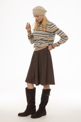 Brown Ribbed Waist Wool Feel Skirt