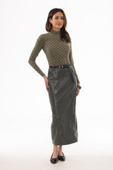 Green Paneled Faux Leather Maxi Skirt