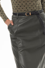 Green Paneled Faux Leather Maxi Skirt