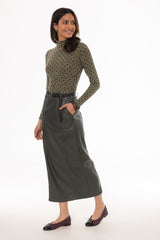 Green Paneled Faux Leather Maxi Skirt