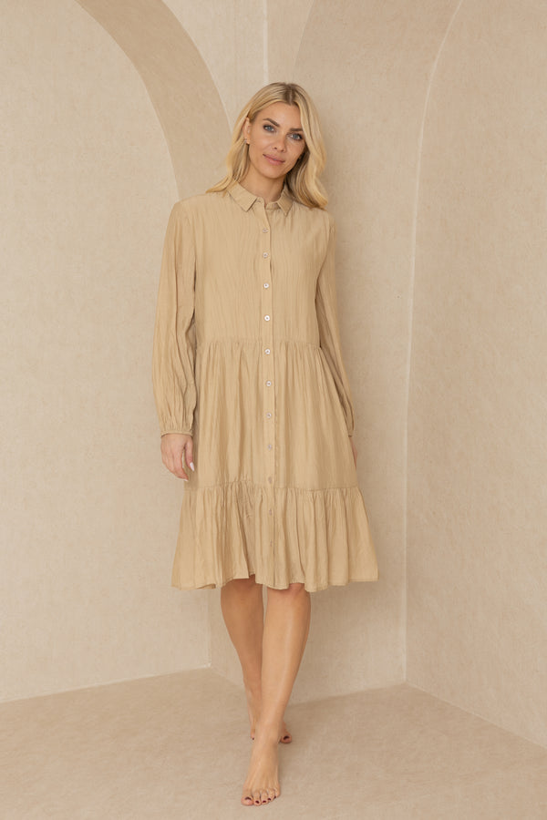 Tan Button Down Tiered Dress