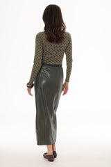 Green Paneled Faux Leather Maxi Skirt