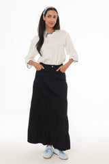 Black Tiered Denim Maxi Skirt