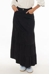 Black Tiered Denim Maxi Skirt