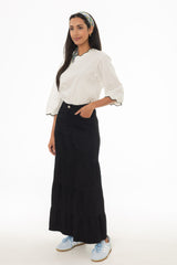 Black Tiered Denim Maxi Skirt