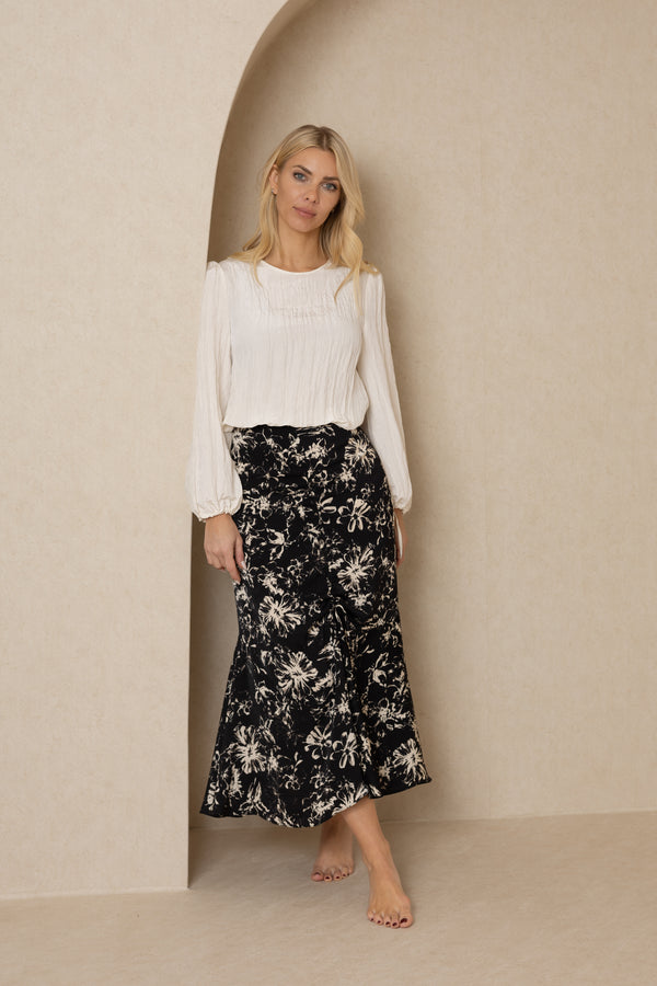 Cream Floral Ruched Skirt