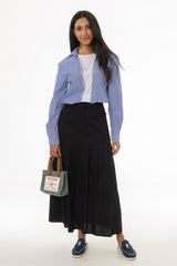 Black Linen Feel Pleated Stretch Maxi Skirt