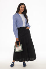 Black Linen Feel Pleated Stretch Maxi Skirt