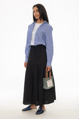 Black Linen Feel Pleated Stretch Maxi Skirt