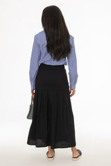 Black Linen Feel Pleated Stretch Maxi Skirt