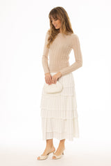 Tan Accordion Pleat Ruffle Maxi Skirt