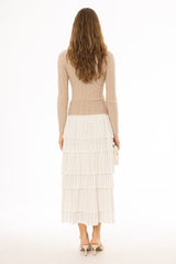 Tan Accordion Pleat Ruffle Maxi Skirt