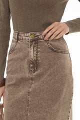 Brown Wash Stretch Basic Maxi Skirt