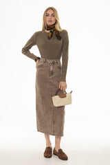 Brown Wash Stretch Basic Maxi Skirt