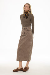 Brown Wash Stretch Basic Maxi Skirt
