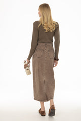 Brown Wash Stretch Basic Maxi Skirt